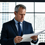 A focused male business executive, aged 40s, wearing a dark professional business suit, reviews an old, thick paper legal document with a slight frown of concern. In the background, a modern, minimalist office space with large windows and digital screens showcasing abstract data streams, subtly conveying the challenges of outdated systems versus modern efficiency. Professional photography, high detail, perfect anatomy, correct proportions, natural pose, well-formed hands, proper finger count, natural body proportions. Fully clothed, modest clothing, appropriate attire, professional dress, safe for work, appropriate content, professional.