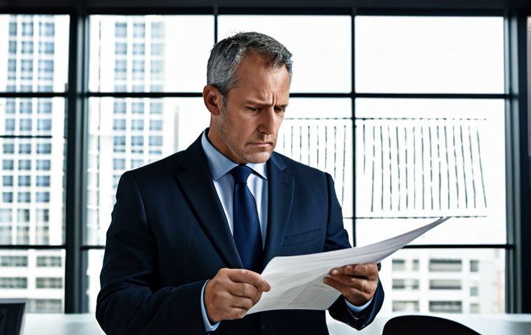 A focused male business executive, aged 40s, wearing a dark professional business suit, reviews an old, thick paper legal document with a slight frown of concern. In the background, a modern, minimalist office space with large windows and digital screens showcasing abstract data streams, subtly conveying the challenges of outdated systems versus modern efficiency. Professional photography, high detail, perfect anatomy, correct proportions, natural pose, well-formed hands, proper finger count, natural body proportions. Fully clothed, modest clothing, appropriate attire, professional dress, safe for work, appropriate content, professional.