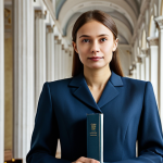 A determined professional individual of Russian ethnicity, wearing a modest business suit, fully clothed, appropriate attire, standing in a dignified, modern legal setting. The background features grand architectural elements and soft natural light, conveying a sense of formality and importance. The individual looks forward with a confident and resilient expression, holding a subtly glowing, symbolic law book, representing the unwavering pursuit of constitutional justice. perfect anatomy, correct proportions, natural pose, well-formed hands, proper finger count, natural body proportions, safe for work, appropriate content, professional photography, high quality, professional, modest.