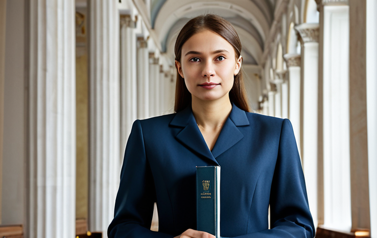 A determined professional individual of Russian ethnicity, wearing a modest business suit, fully clothed, appropriate attire, standing in a dignified, modern legal setting. The background features grand architectural elements and soft natural light, conveying a sense of formality and importance. The individual looks forward with a confident and resilient expression, holding a subtly glowing, symbolic law book, representing the unwavering pursuit of constitutional justice. perfect anatomy, correct proportions, natural pose, well-formed hands, proper finger count, natural body proportions, safe for work, appropriate content, professional photography, high quality, professional, modest.
