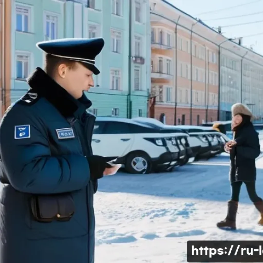 행정법상 경찰권 발동 요건 - A detailed street scene in a modern Russian city showing a police officer calmly checking a pedestri...