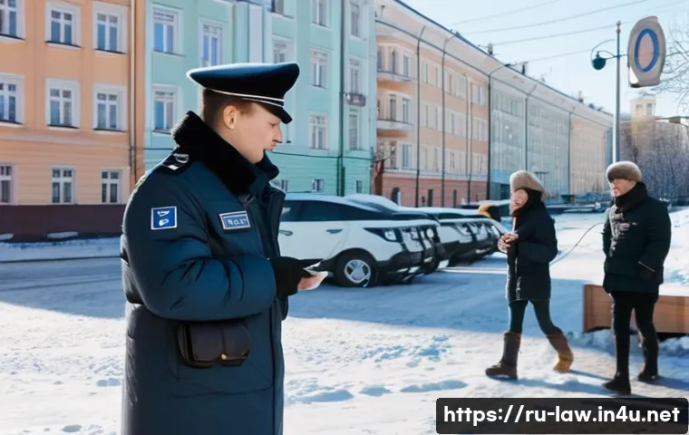 행정법상 경찰권 발동 요건 - A detailed street scene in a modern Russian city showing a police officer calmly checking a pedestri...