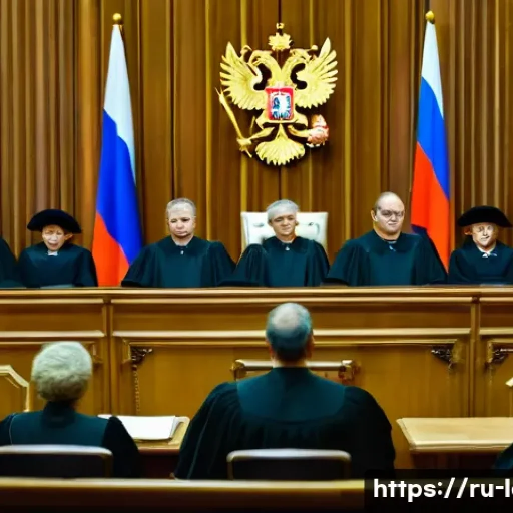 헌법 판례 분석 - A dignified constitutional court courtroom scene in Russia, showcasing a group of independent judges...