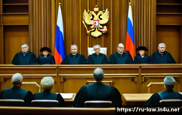 헌법 판례 분석 - A dignified constitutional court courtroom scene in Russia, showcasing a group of independent judges...
