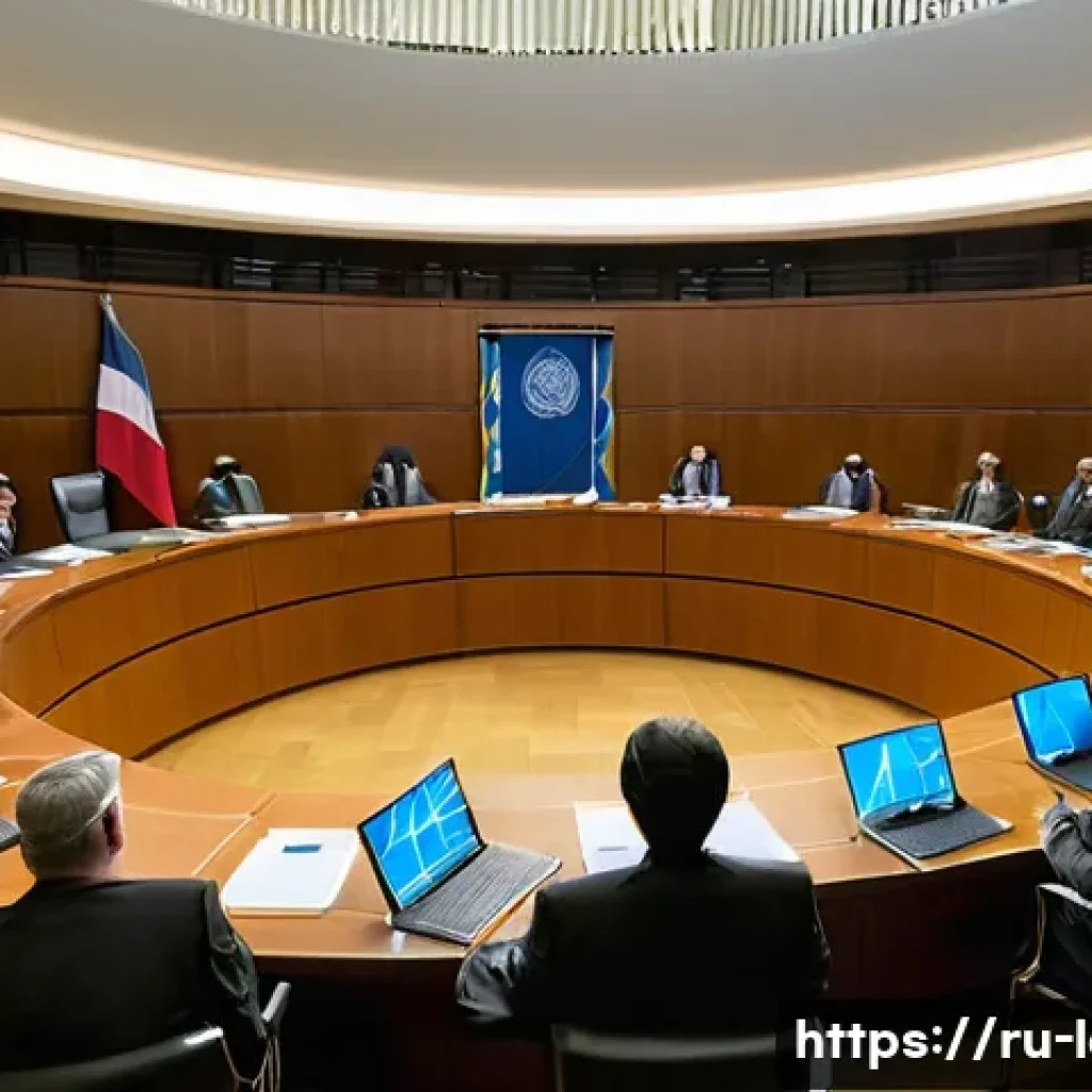 국제법상 전쟁범죄 처벌 - A solemn international courtroom scene inside a modern tribunal, with diverse judges and prosecutors...