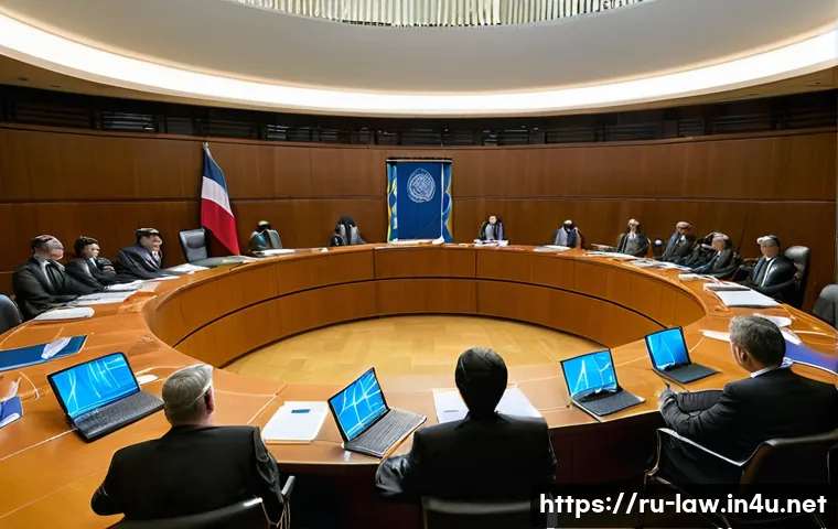 국제법상 전쟁범죄 처벌 - A solemn international courtroom scene inside a modern tribunal, with diverse judges and prosecutors...