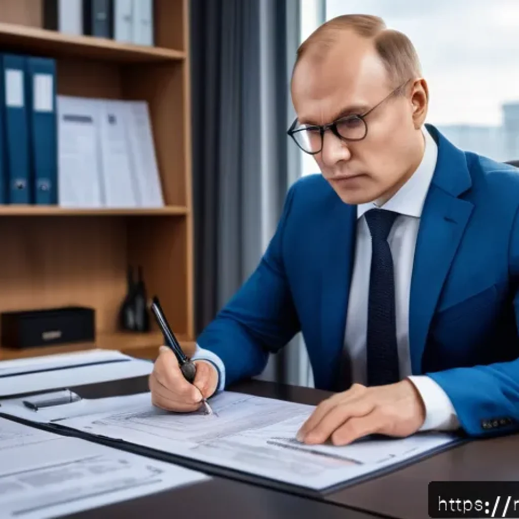 지적재산권법상 특허권 보호 - A professional Russian patent attorney in a modern office environment, carefully examining detailed ...