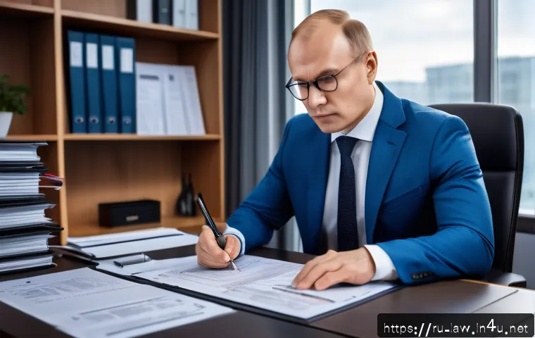 지적재산권법상 특허권 보호 - A professional Russian patent attorney in a modern office environment, carefully examining detailed ...