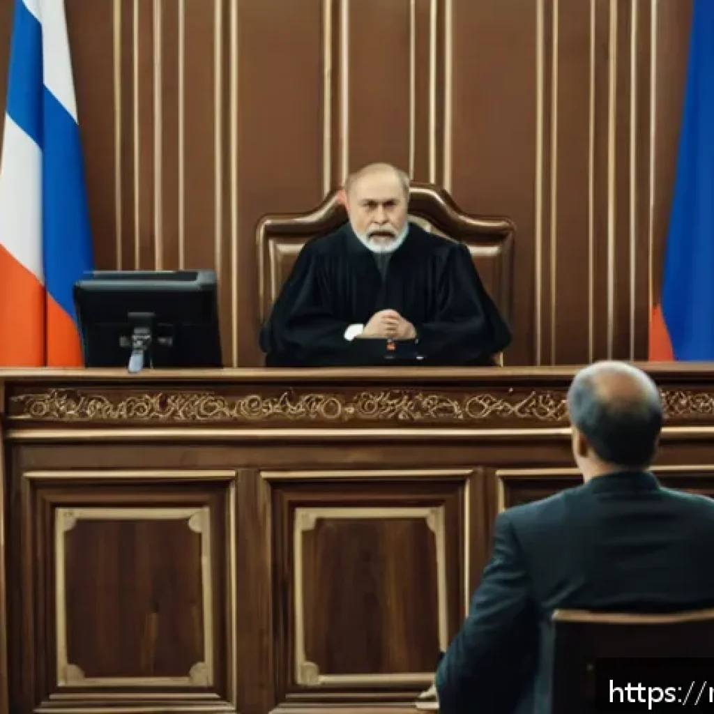 형사소송법상 공판절차 진행 - A professional courtroom scene in Russia, showing a judge in traditional robes seated behind an elev...