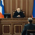 형사소송법상 공판절차 진행 - A professional courtroom scene in Russia, showing a judge in traditional robes seated behind an elev...