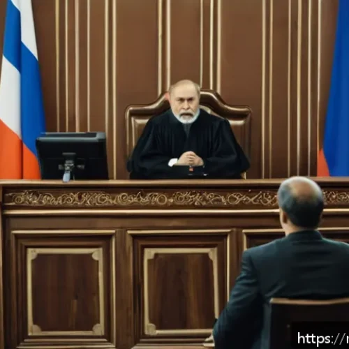 형사소송법상 공판절차 진행 - A professional courtroom scene in Russia, showing a judge in traditional robes seated behind an elev...