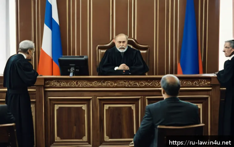형사소송법상 공판절차 진행 - A professional courtroom scene in Russia, showing a judge in traditional robes seated behind an elev...