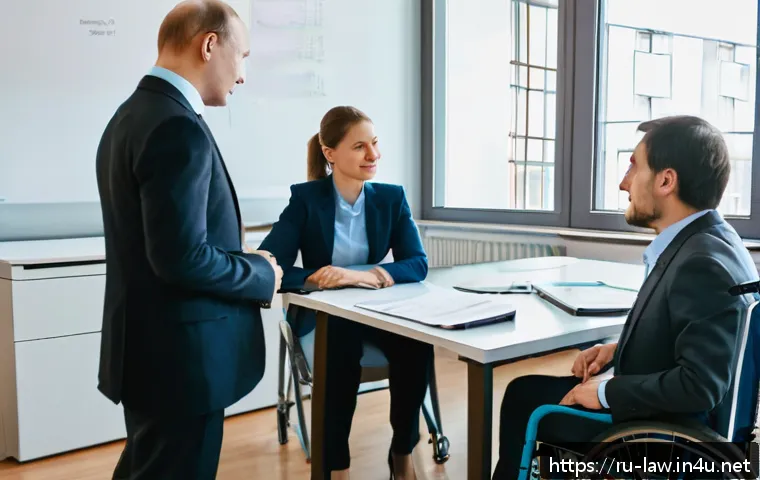 노동법상 해고 제한 법리 - A professional Russian office scene showing a diverse group of employees including a pregnant woman ...