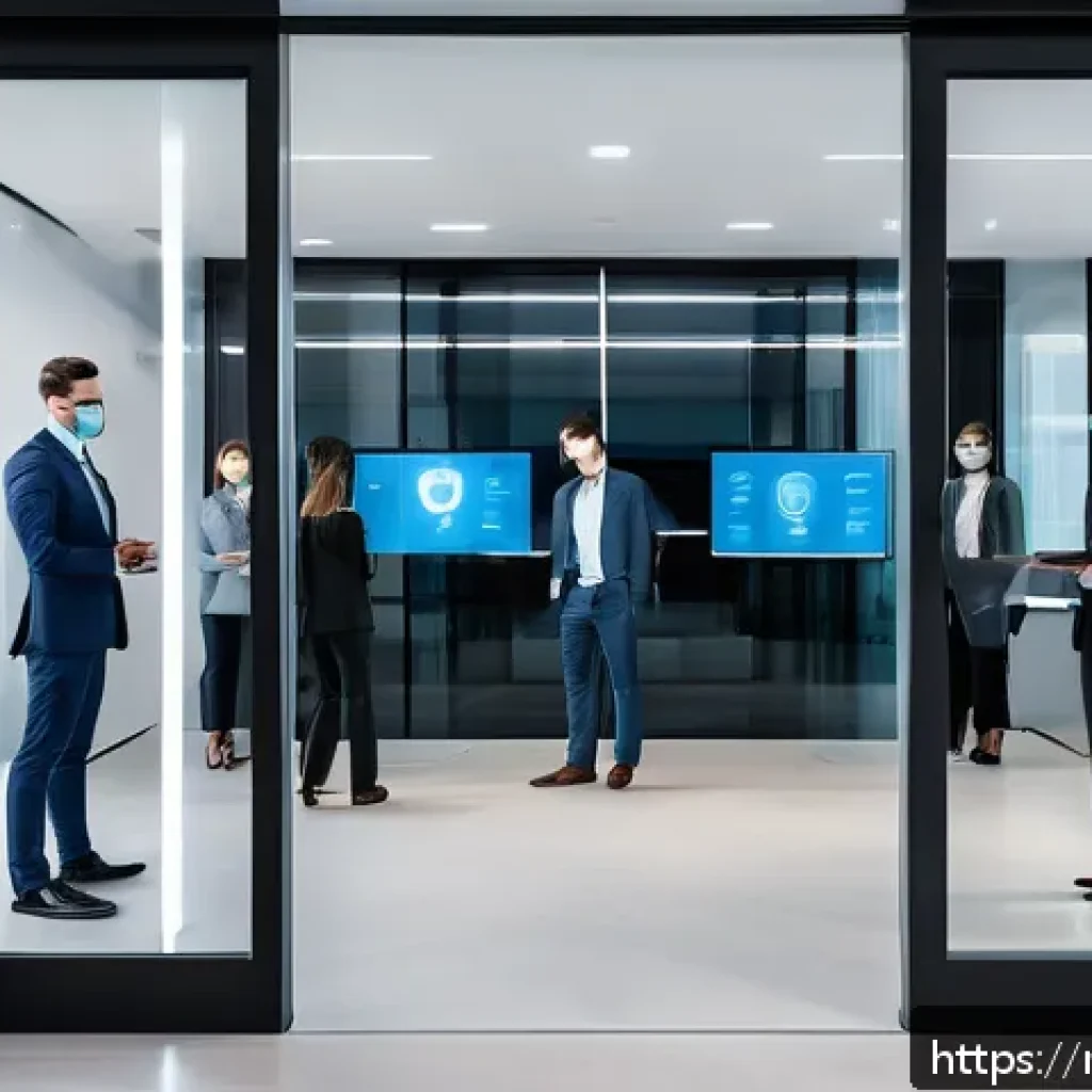 지적재산권법상 영업비밀 보호 - A modern corporate office entrance with advanced biometric security systems, featuring a diverse gro...