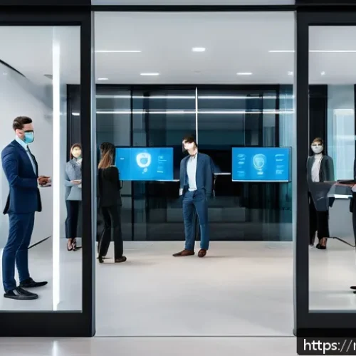 지적재산권법상 영업비밀 보호 - A modern corporate office entrance with advanced biometric security systems, featuring a diverse gro...