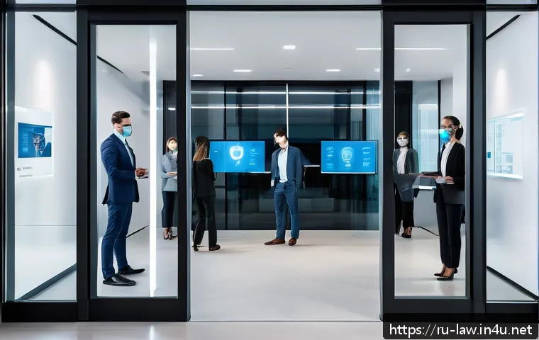 지적재산권법상 영업비밀 보호 - A modern corporate office entrance with advanced biometric security systems, featuring a diverse gro...