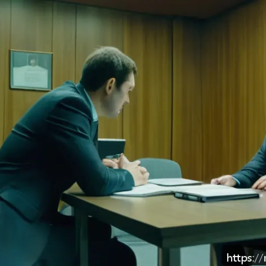 형사소송법상 피의자 신문 절차 - A professional interrogation room scene in a modern Russian law enforcement setting: a male suspect ...