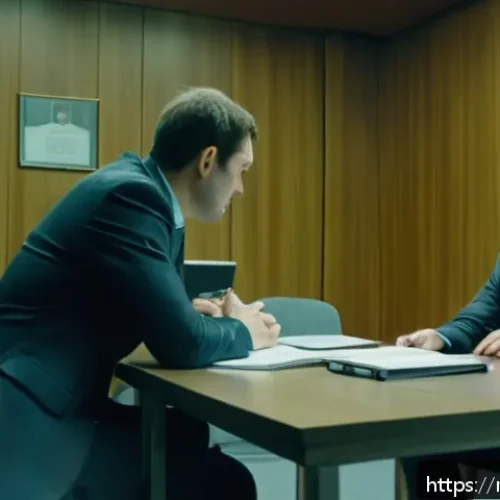형사소송법상 피의자 신문 절차 - A professional interrogation room scene in a modern Russian law enforcement setting: a male suspect ...