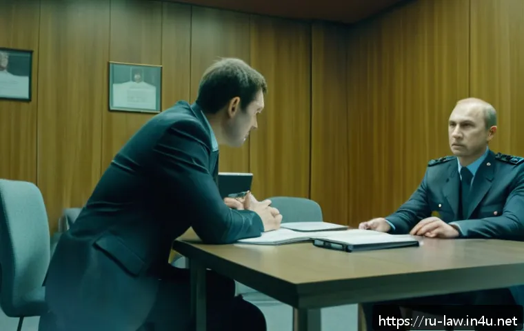 형사소송법상 피의자 신문 절차 - A professional interrogation room scene in a modern Russian law enforcement setting: a male suspect ...